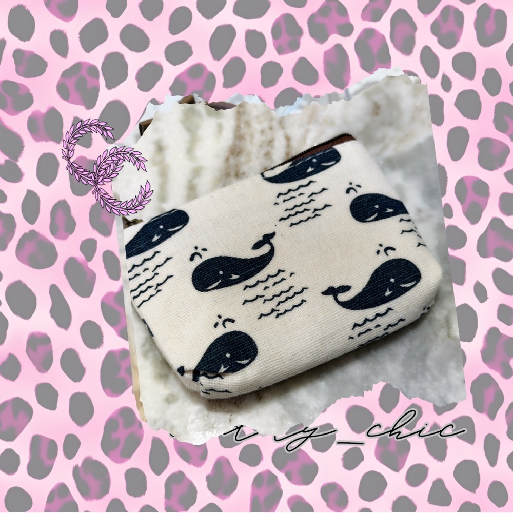 White Canvas Navy Whale Print Pouch | Small Coin or Accessory Bag | NWT